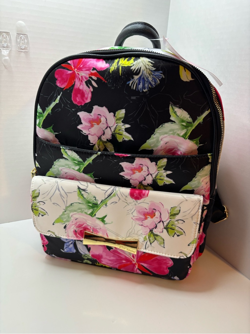 Betsey Johnson Floral Print Backpack - Black W Pink & White Floral Accents